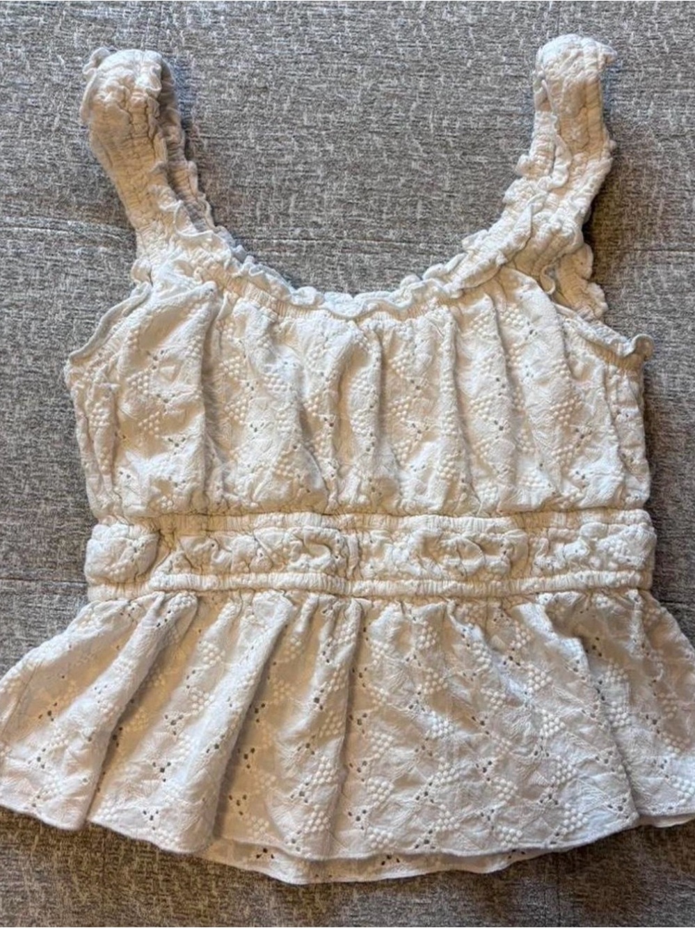 Women’s White Eyelet Ruffle Peplum Tank Top